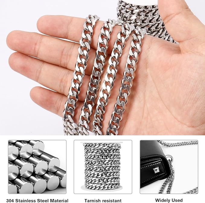 16.5 Feet Stainless Steel Cuban Chains Roll, 9mm Width Chunky Curb Link Chains Spool Bulk for Jewelry Meking