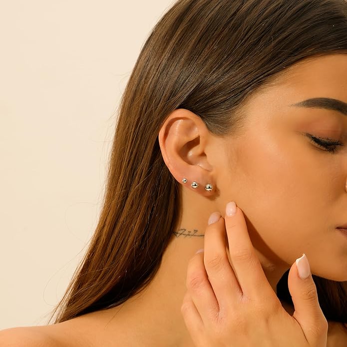 JINERA 5 Pairs Stud Earrings for Women 14K Plated Gold/Silver Pearl Ball Small Stud Earrings Set Cartilage Piercing Hypoallergenic Lightweight Flatback Earrings Jewelry Gifts for Women