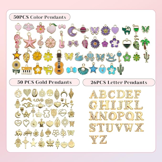 Ecoofor 18K Gold Jewelry Making Kit with Gift Box - 16.6ft 5 Rolls DIY Bracelet & Necklace Chains with 136 Pendants, Jump Rings, Lobster Clasps, Jewelry Pliers & Charm Making Kit, Christmas Gift