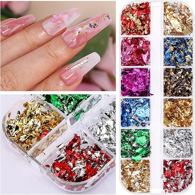 5 Boxes 60 Colors Holographic Nail Glitter Gold Foils Kit, Nail Foil Flakes Laser, 3D Irregular Thin Foil Nail Art Flakes Design Nail Sequins Supplies for Manicure Body Makeup Craft DIY
