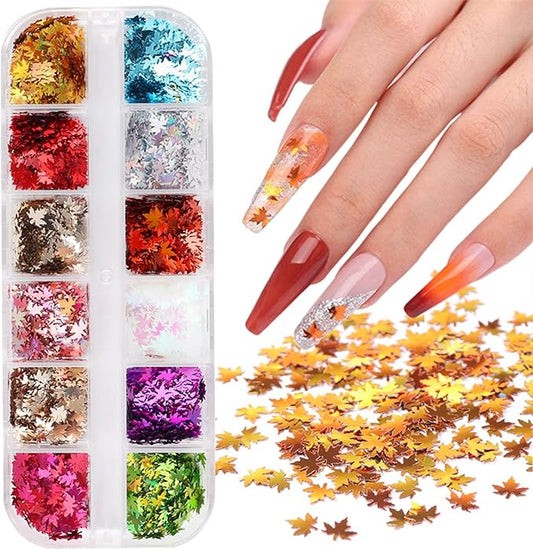 Maple Leaf Glitter Nail Art Sequins, 3D Sparkly Maple Leaves Nail Flakse Designs, 12 Colors Fall Leaf Nail Art Sequins Supplies for Women Girls Manicure Shiny Decorations, DIY Resin Nail Art Tips