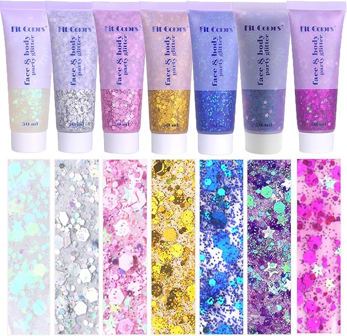 Body Glitter Face Glitter Gel: Singer Concerts Disco Festival Rave Accessories Face Glitter Makeup 150ml Chunky Sequins Mermaid Face Body Hair Glitter Gel (Pink+Blue+Purple+Rose+White+Silver+Gold)