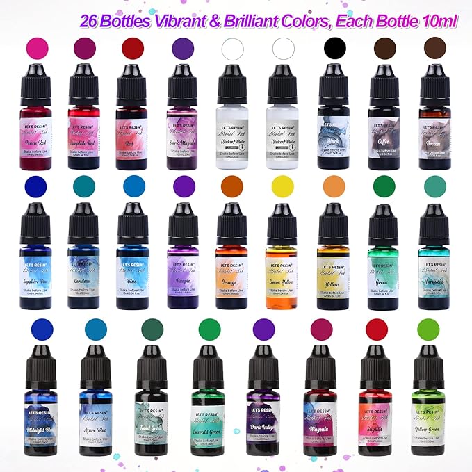 Alcohol Ink for Epoxy Resin LET'S RESIN Concentrated Alcohol Ink Set, 26 Vibrant Colors Alcohol-Based Resin Ink,Alcohol Paint Resin Dye for Resin Art, Tumblers, Resin Epoxy(Each 0.35oz)
