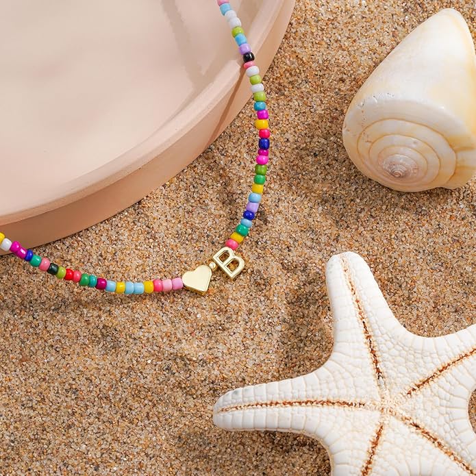Turandoss Valentines Day Gifts for Kids Teen Girls - Colorful Beaded Initial Necklace, Dainty 14K Gold Plated Heart Letter A-Z Pendant Summer Jewelry Birthday Valentines Day Gifts for Her