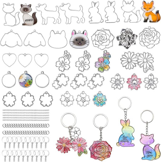 LET'S RESIN Keychain Molds 37Pcs, Silver UV Resin Molds for Beginners, Open Bezel Flower & Animal Molds for Keychain, Jewelry & Pendant Making