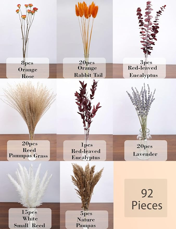 xin's convey Dried Flower Bouquet, 92 Stems Dried Flowers, Pampas Grass, Orange Roses Home Decor, Wedding Crafts, Living Room Accents, Vase Filler. (Orange)