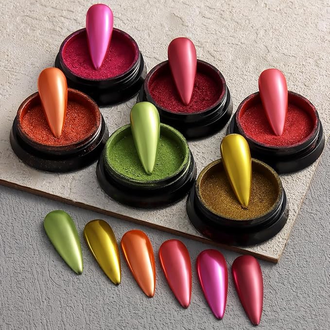 Fcozpjk Chrome Nail Powder Set - Red, Green, Gold, Mirror Effect Glitter Powder - 6 Colors, Metallic Chrome Powder With 2PCS Silicone Applicator Brushes - Christmas Nail Design