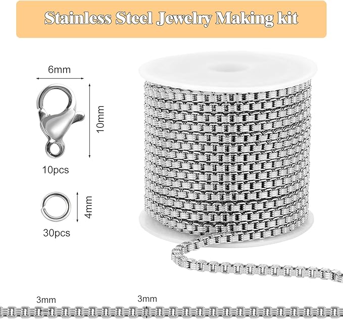 GTVOODX 16.4 Feet Textured Box Chain for Jewelry Making Silver Stainless Steel Craft Necklace Chains Bulk for Men Women DIY Bracelet with Lobster Clasps and Jump Rings