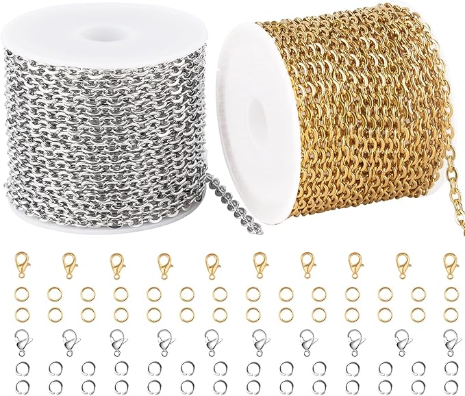 SMYHTGLIF 32.8 Feet Stainless Steel Chain for Jewelry Making 2 Rolls Gold and Silver Jewelry Making Chains Craft Chain Roll Oval Cable Bulk Chain Jewelry Supplies