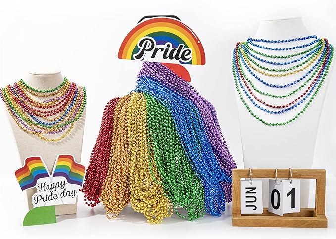 Pride Beads Stuff, LGBTQ Necklace Accessories,100PCS 6 Kinds of LGBTQ Metallic Beads Necklaces Bulk, Gay Lesbian Pride Necklace, Costumes Decor for Pride Month Parade Throws Party Favors