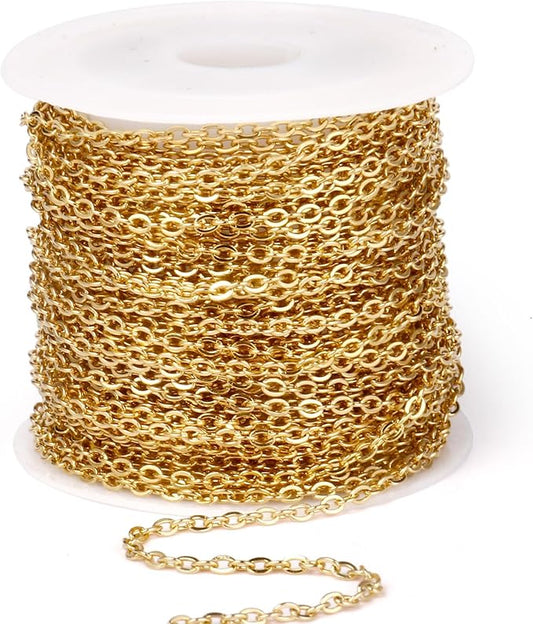 33 Feet 18K Gold PVD Plated Stainless Steel Cable Chain Bulk, 2.5mm 304 Stainless Steel Flat Cable Link Chains Roll Spool for Jewelry Making Necklace DIY Craft