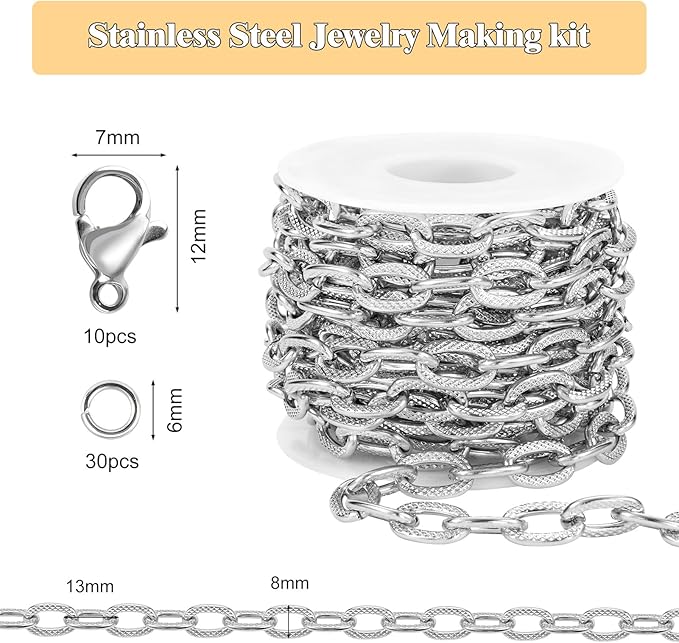 GTVOODX 9.8 Feet Silver Cable Chains Stainless Steel Chunky Textured Oval Link Chain Spool Bulk for DIY Jewelry Making Necklace Bracelet