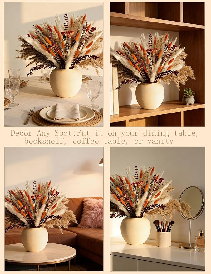 xin's convey Dried Flower Bouquet, 92 Stems Dried Flowers, Pampas Grass, Orange Roses Home Decor, Wedding Crafts, Living Room Accents, Vase Filler. (Orange)