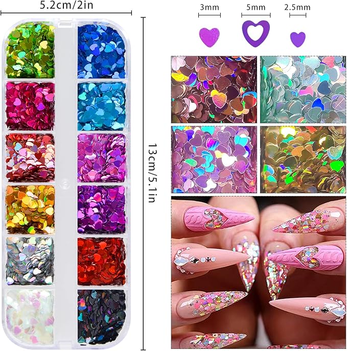 36 Colors Heart Glitter Nail Art Sequins, EBANKU Holographic Heart Shaped Nail Sequin Laser Heart Nail Flake Glitter Decals for Valentine's Day Face Eyes Nail Decoration DIY Craft (3 Boxes)