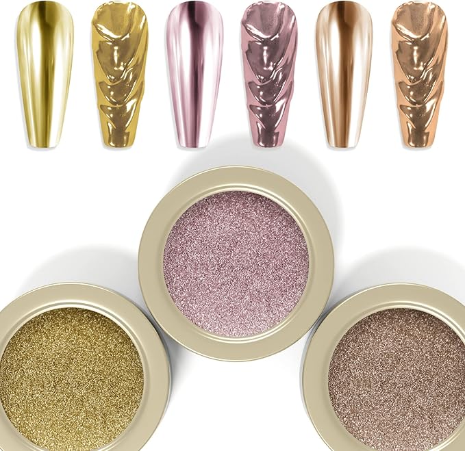 Laza 3 Colors Chrome Nail Powder Mirror Effect Metallic Dust Holographic Glitter Glazed Manicure Decoration Reflective Pigment for DIY Gel Polish Nail Art, Resin Craft, Gifts - Champagne Lotus
