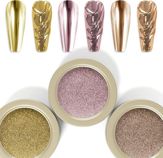 Laza 3 Colors Chrome Nail Powder Mirror Effect Metallic Dust Holographic Glitter Glazed Manicure Decoration Reflective Pigment for DIY Gel Polish Nail Art, Resin Craft, Gifts - Champagne Lotus