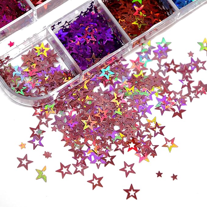 12 Colors Star Nail Art Glitter Sequins, 3D Five-Pointed Star Nail Flakes Designs, Holographic Laser Hollow Star Nail Art Supplies for Women Girls Manicure Sparkle Decorations, DIY Body Makeup Crafts