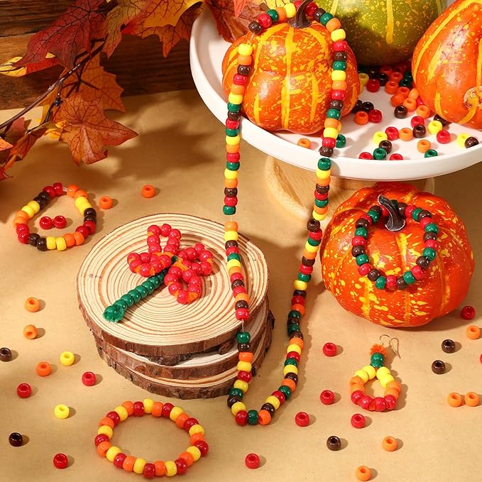 UPINS 1200Pcs Fall Pony Beads, Autumn Thanksgiving Pony Beads for Hair Thanksgiving Autumn Party Decoration Supplies