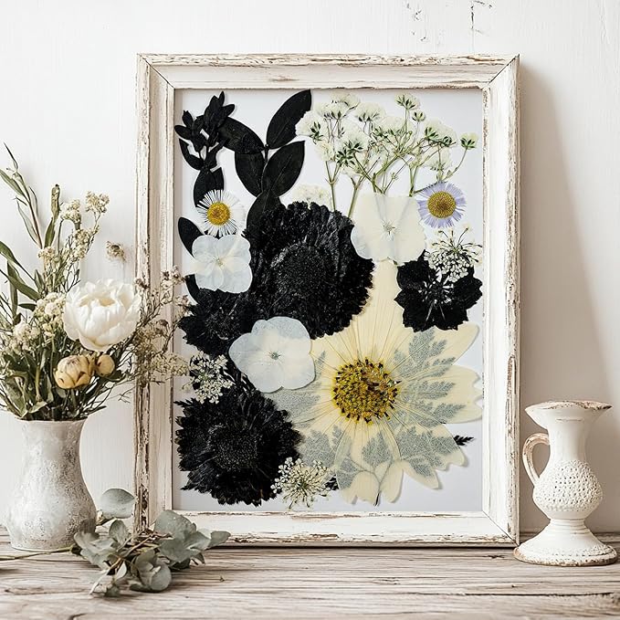 85Pcs Black Dried Flowers for Crafts, Natural Pressed Flowers for Crafts Real Dried Pressed Flowers Dry Leaves for Resin, DIY Art, Scrapbook, Nails Decor, Jewelry, Candle & Soap Making, with Tweezers