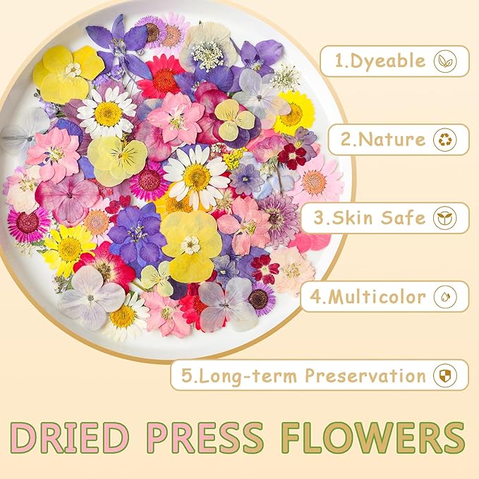 Dried Pressed Flowers Real Pressed Flowers Natural Dry Leaves Bulk Mixed Colorful Herbs Kit with Tweezers for Scrapbooking DIY Candle Jewelry Crafts Making Nails