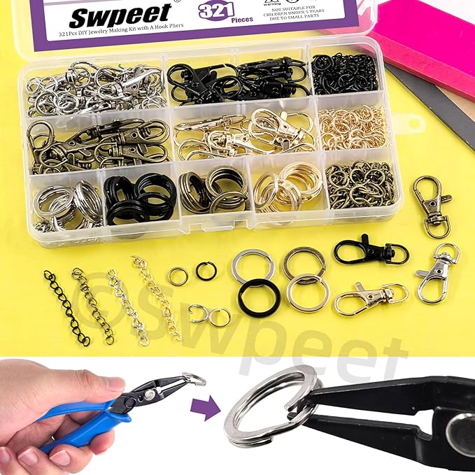Swpeet 321Pcs Assorted Keychain Making Set with Pliers, 40Pcs Swivel Lanyard Snap Hook, 1Pc Split Ring Pliers, 40Pcs Keychain Ring, 40Pcs Extender Chains, 200Pcs Jump Rings, Bronze/Black/Gold/Silver