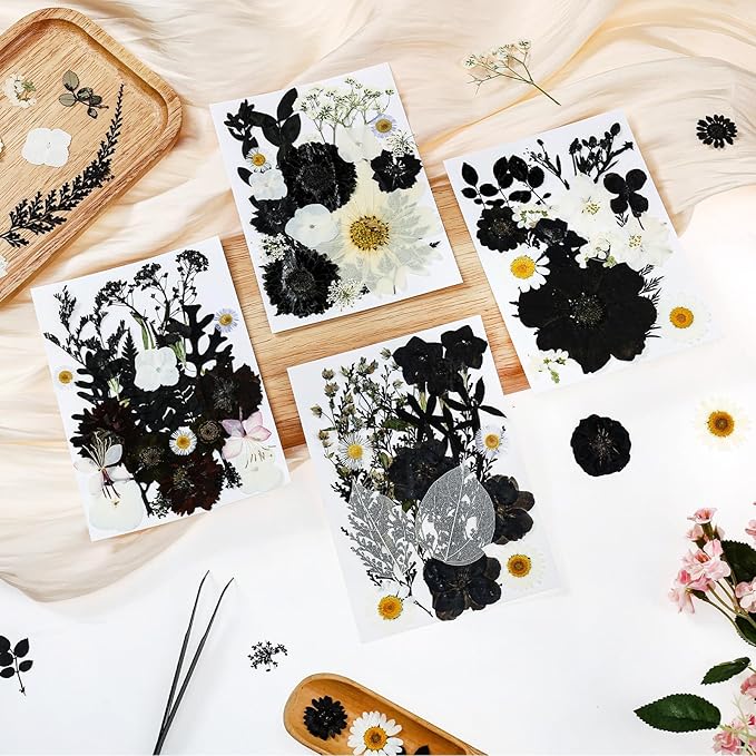 85Pcs Black Dried Flowers for Crafts, Natural Pressed Flowers for Crafts Real Dried Pressed Flowers Dry Leaves for Resin, DIY Art, Scrapbook, Nails Decor, Jewelry, Candle & Soap Making, with Tweezers