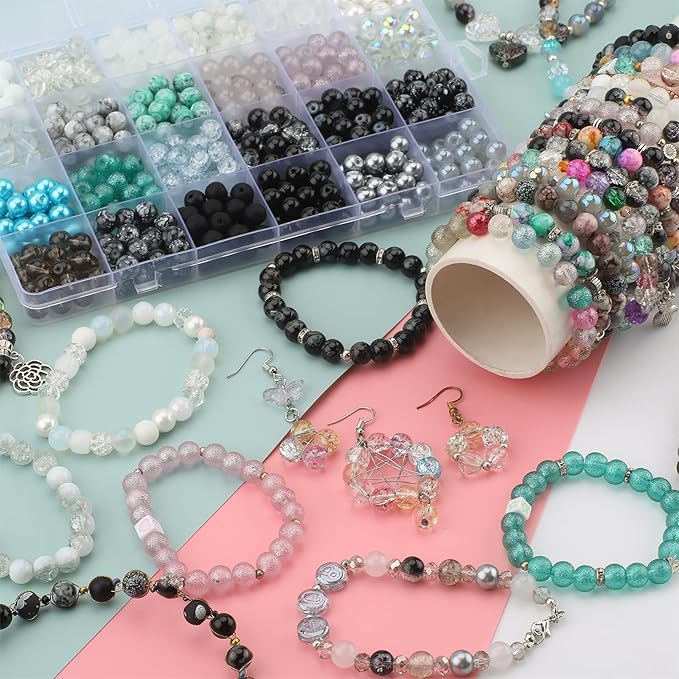 Rired 27 600pcs 8mm Round Glass Beads for Jewelry Making, 24 Colors Crystal Glass Beads Kit Including Crackle/Stone/Pearl Beads for Bracelet Necklace DIY Supplies Adults Christmas Decoration