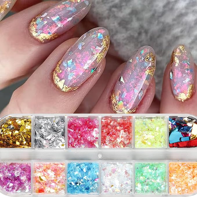 12 Colors Holographic Nail Art Glitter 3D Iridescent Glitter Nail Foil Flakes Ice Slag Nail Glitter Mermaid Flakes Colorful Fluorescent Confetti Nail Sequins Sticker for DIY Manicure Make Up Crafts