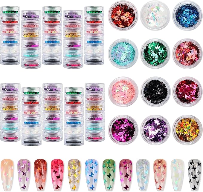 60 Pot Butterfly Nail Art Glitter Sequins, Kalolary Holographic Butterfly Nail Decals Metallic Laser Nail Art Flake Glitter for Face Eyes Nail Art Decoration DIY Craft(5 Boxes)