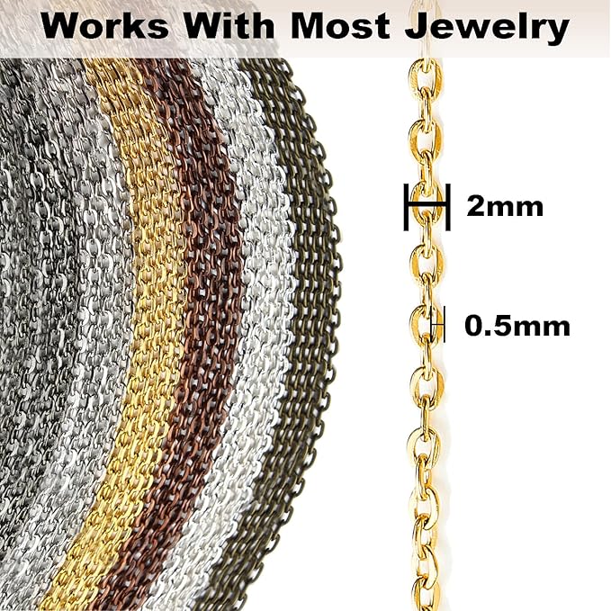 Jishi Chains Jewelry Making Supplies, 60ft Cable Link Chains for Making Jewelry Necklace Earring Bracelet Findings DIY Craft Kit for Adults, 6-Color 2mm Gold Silver Copper Plated Metal Link Rolls Bulk