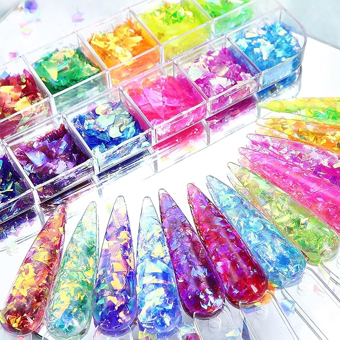 Vezocim Iridescent Glitter Nail Art Sequins, Holographic Transparent Irregular Ultra Thin Nail Art Glitter Flakes Designs, Mermaid Nail Glitter Acrylic Supplies Decorations for Women Manicure Art
