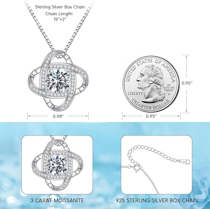 MOOSEA Valentines Day Gifts for Her, 1-3 ct Love Knot Moissanite Necklace Lab Created Moissanite 925 Sterling Silver Necklace Anniversary Jewelry Gifts Birthday Gifts for Her Wife Girlfriend Mom
