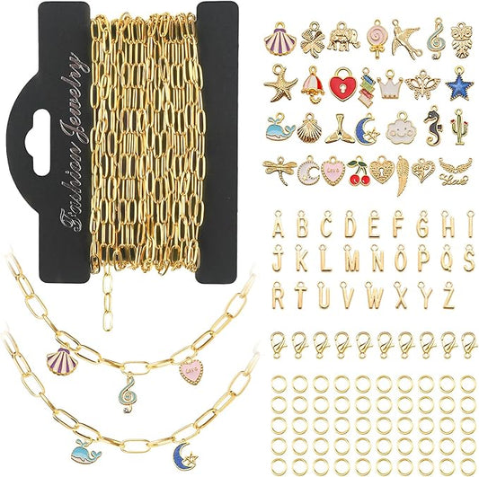 18K Gold Chain for Jewelry Making – Stainless Steel Paperclip Chain, 16.6 Feet DIY Bracelet Necklace Kit with 100 Jump Rings, 50 Clasps, 26 Letter Pendants & 30 Colorful Charms