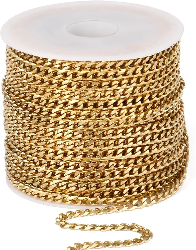 33FT Gold Cuban Chain Roll 3MM 18K Gold Plated Diamond-Cut Curb Link Chains Spool Bulk for DIY Crafts Jewelry Making