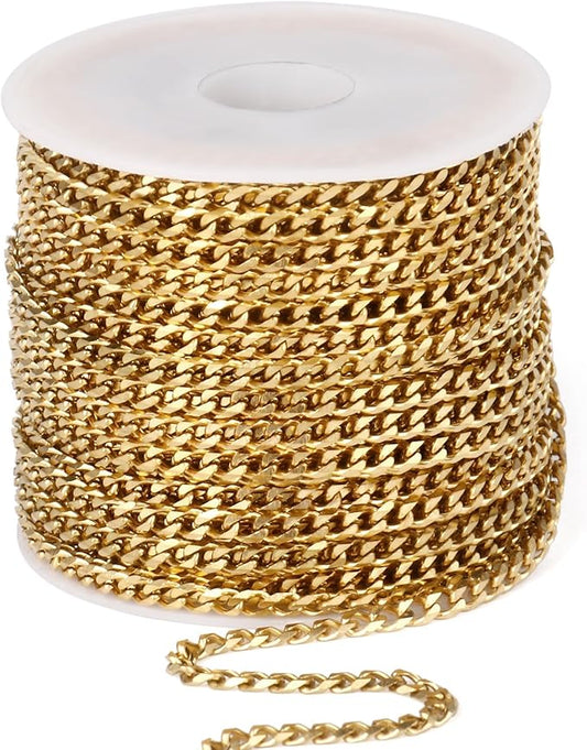 33FT Gold Cuban Chain Roll 3MM 18K Gold Plated Diamond-Cut Curb Link Chains Spool Bulk for DIY Crafts Jewelry Making