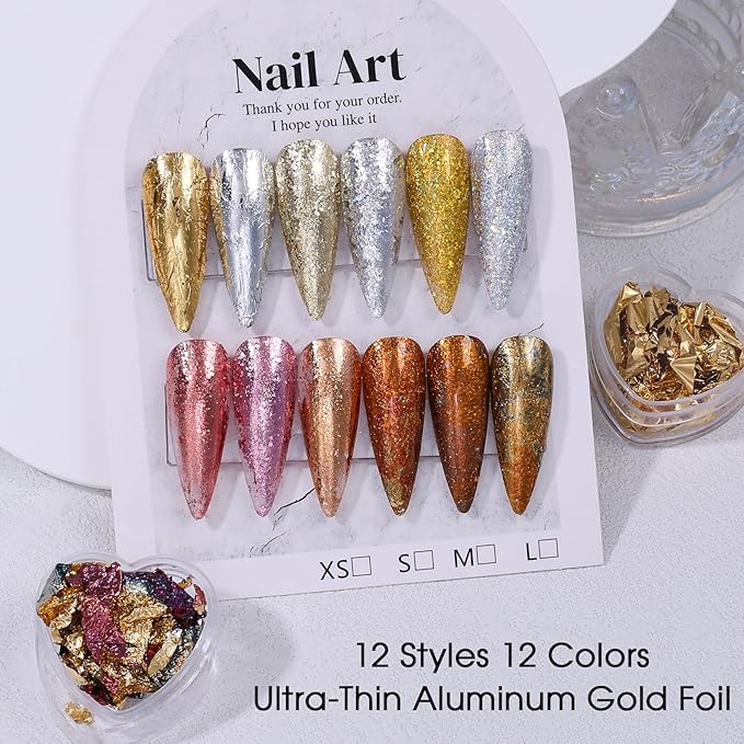 Unique Gold Flakes for Nails 12 Boxes Irregular Aluminum Golden Nail Glitter Foils Holographic Gold Foils for Nails Gradient Silver Rose-Gold Nail Art Sequins Designs DIY Charms Manicure Decorations