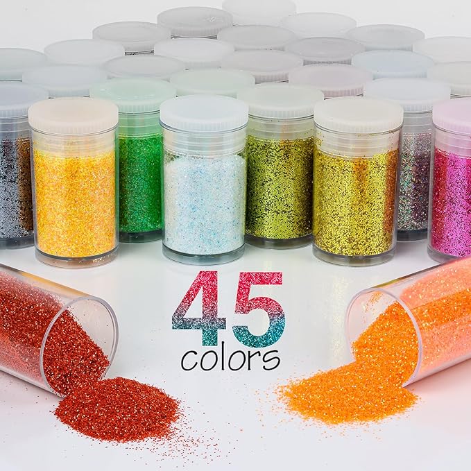 Fine Glitter for Epoxy Resin, Set of 45 Colors, Estanoite Extra Fine Craft Glitter Powder, Assorted Nail Arts Glitter, Cosmetic Powder for Body Face Hair Eye and Tumbler Candle Making