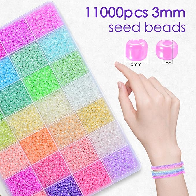 Vtssvow 3mm Glass Seed Beads for Bracelets Making, 28 Colors 11000pcs Friendship Bracelet Making Kit, Small Glass Beads for Jewelry Making (Mix 28 Color, Pastel)