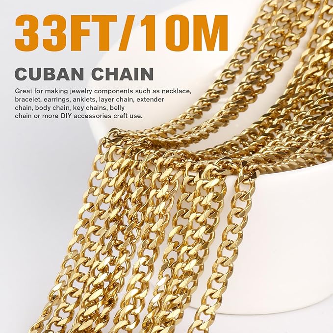 33FT Gold Cuban Chain Roll 3MM 18K Gold Plated Diamond-Cut Curb Link Chains Spool Bulk for DIY Crafts Jewelry Making