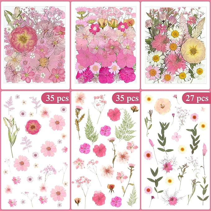 Nuanchu 167 Pcs Real Dried Pressed Flowers Natural Dried Flowers Colorful Daisy Mixed Wildflowers Leave for DIY Candle Resin Nails Jewelry Pendant Crafts Floral Art(Pink,Candy Style)