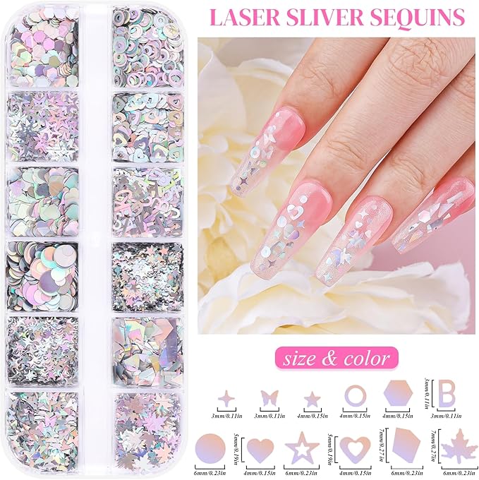 5 Boxes 60 Colors Holographic Nail Art Sequins Kit, Iridescent Sparkle Laser Hollow 3D Star Butterfly Heart Round Mixed-shapes Nail Glitter Flakes for Manicure Body Makeup Craft DIY (2-colorful-kit2)