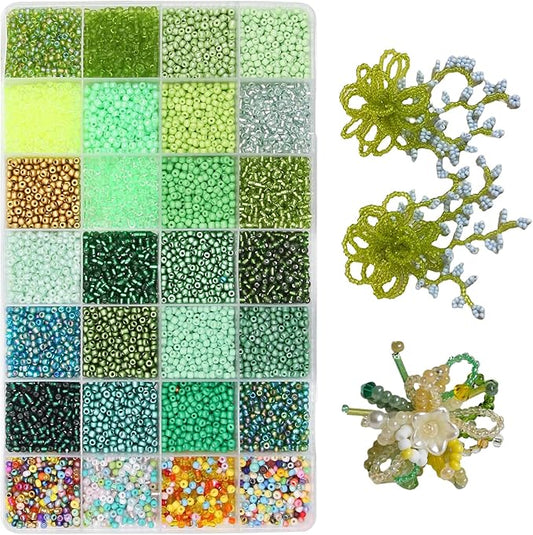 JOJOPLAY 11200pcs Glass Seed Beads for DIY Crafting Bracelet Necklace Embroidery Jewelry Making Supplies (3mm, 400pcs/Color, 28 Colors, Green Scheme)