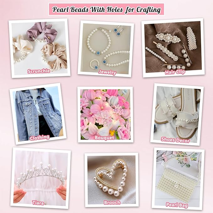 2505Pcs Pearls for Crafting, 6 Size White Pearls with Holes for Jewelry Making, Bulk Fake Pearl Beads for Vase Filler Decoration, Candles Centerpiece, DIY Crafts Necklace Bracelets (4/6/8/10/12/14mm)