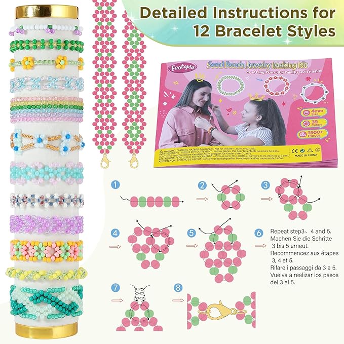 Funtopia Seed Beads for Bracelets, 4mm Uniform Glass Seed Beads for Jewelry Making, 39 Colors 3900pcs Small Tiny Bead Bracelet Making Kit with Tutorial for DIY Art Jewelry Making