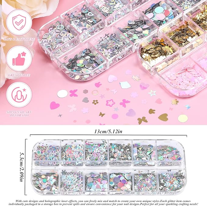 5 Boxes 60 Colors Holographic Nail Art Sequins Kit, Iridescent Sparkle Laser Hollow 3D Star Butterfly Heart Round Mixed-shapes Nail Glitter Flakes for Manicure Body Makeup Craft DIY (2-colorful-kit2)