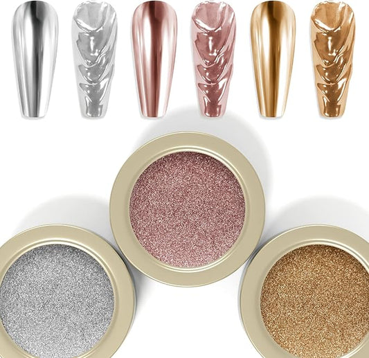 Laza 3 Colors Chrome Nail Powder Mirror Effect Metallic Dust Holographic Glitter Glazed Manicure Decoration Reflective Pigment for DIY Gel Polish Nail Art, Resin Craft, Gifts - Rose Moonlight