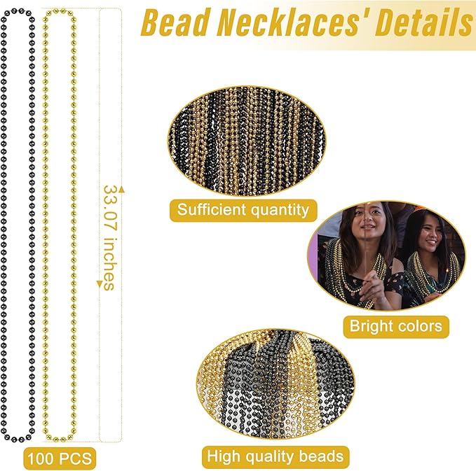 100PCS Bead Necklace, Gold Black New Year Bead Party Favors, New Year Eve 33" Toy Necklaces Costume Accessories, Parade Throw Accessories for New Year Wedding Birthday Celebrations Decoration