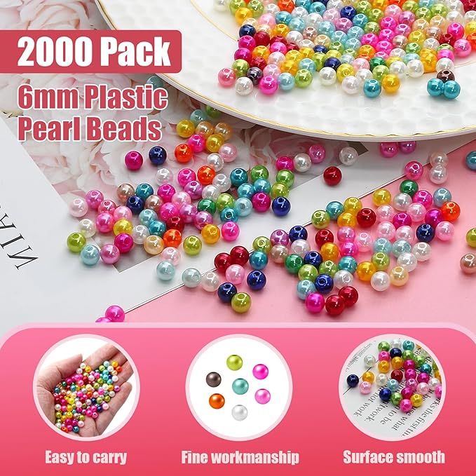 2000 PCS Pearl Beads for Jewelry Making, 6mm Colorful Plastic Beads for DIY Crafting Bracelets, Necklaces, Earrings