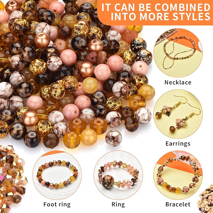 Craft Crystal Beads Jewelry Making Kit, Shade Brown Beads Including 8 Types of Round Beads, with Bicone Beads, Rondelle Beads, Gravel Beads and Seed Beads for Bracelet Making
