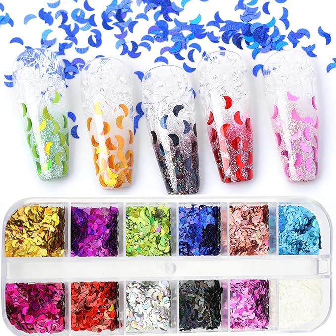 12 Colors Moon Nail Art Glitter Sequins, 3D Sparkly Crescent Nail Flakes Designs, Holographic 3D Laser Moon Nail Sequins Supplies for Women Girls Manicure Sparkly Decorations, DIY Shiny Nail Art